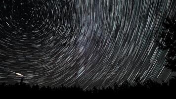 Time lapse of Star trails in the night sky. Stars move around a polar star. 4K video