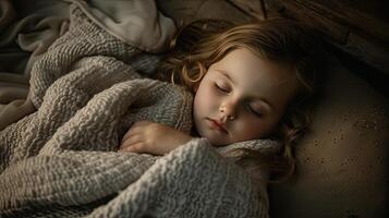 AI generated a little girl as she sleeps soundly in bed, nestled under a plush, soft, textured blanket that envelops her in warmth and comfort, creating a serene and cozy atmosphere. photo