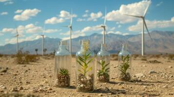 AI generated deserts and the delicate beauty of miniature nature enclosed in glass bottles, symbolizing the importance of environmental protection. photo