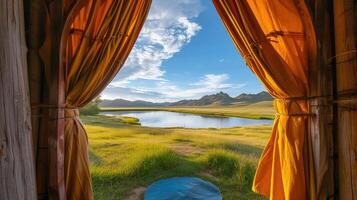 AI generated Mongolian landscapes through a frame within a frame composition, where the silhouette of a yurt gate frames a distant view of grasslands, a lake, and majestic mountains. photo