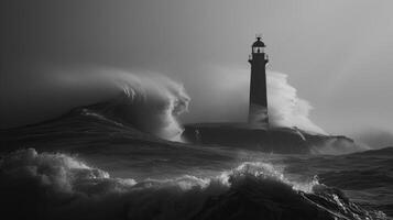 ai generado un costa afuera faro en pie alto en medio de estrellarse ondas, sus robusto estructura meteorización el elementos mientras estrella de guía buques sin peligro mediante traicionero aguas foto