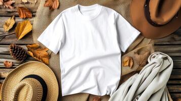 AI generated a white t-shirt mockup with a blank shirt template photo, featuring stylish fall accessories against a rustic burlap background for a trendy and seasonal aesthetic. photo