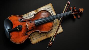 AI generated a violin accompanied by its bow and sheet music, elegantly poised on a black background, with clean lines and natural shadows enhancing its ultra-detailed craftsmanship. photo