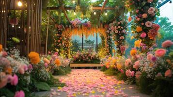 AI generated a romantic wedding stage adorned with delicate flowers, emanating an atmosphere of love and enchantment as couples exchange vows in a breathtaking setting. photo