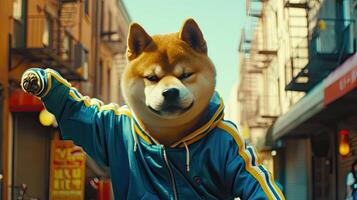 ai generado un carismático grasa shiba inu huelgas un actitud en un pulcro azul chandal, acentuado por negrita amarillo rayado a lo largo el lados, creando un cinematográfico fotografía ese irradia actitud. foto