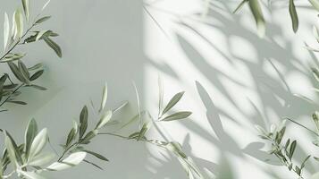 AI generated a blank greeting card mockup featuring olive tree branches delicately arranged on a white table background, perfect for wedding invitations. photo