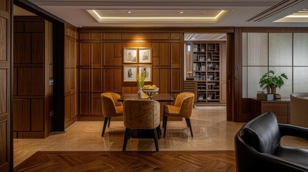 AI generated a carpentry wall surface structure design, enhanced by a glossy finish that accentuates the natural beauty and texture of the wood, creating a stunning visual focal point in any interior photo