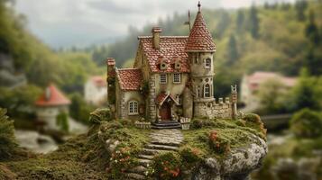 AI generated a small house cleverly designed to resemble a castle, nestled amidst rolling hills and surrounded by whimsical gardens, invoking a sense of fairy-tale charm. photo