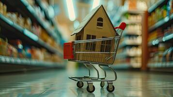 AI generated a close-up of a cardboard house placed within a supermarket cart, illuminated by natural daylight. photo