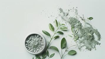 ai generado un exfoliante fregar enriquecido con verde arcilla y natural ingredientes, con un belleza máscara delicadamente aplicado en un limpiar blanco fondo, atractivo espectadores a complacer en cuidados personales. foto