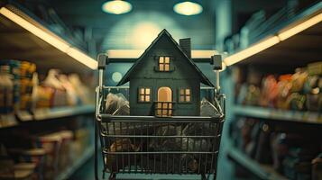 AI generated a close-up of a cardboard house placed within a supermarket cart, illuminated by natural daylight. photo