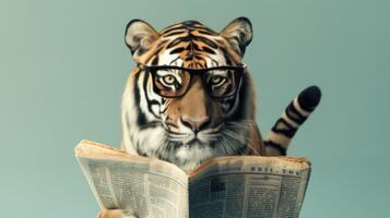 AI generated tiger wearing black glasses as it engages in the act of reading a newspaper against a serene, light-colored backdrop photo