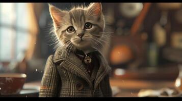 AI Generated an animated kitten exuding sophistication in its attire, portrayed in hyper-realistic detail photo