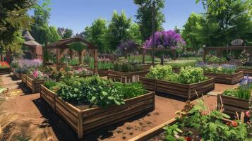 AI generated a garden adorned with raised beds, where lush greenery thrives alongside colorful blooms of a rose garden and the soothing aroma of lavender, creating a picturesque oasis of beauty. photo