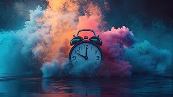 AI generated a clock rings loudly, its vibrant colors blending with bright colored smoke, creating a visually striking scene of alertness and heightened awareness. photo