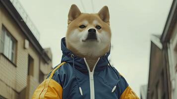 AI generated a charismatic fat Shiba Inu strikes a pose in a sleek blue tracksuit, accentuated by bold yellow striping along the sides, creating a cinematic photograph that radiates attitude. photo