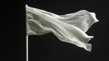 AI generated blank white flag on a flagpole, isolated against a stark black background, conveying a sense of simplicity and purity in its symbolism. photo