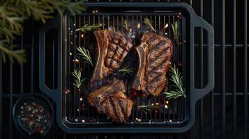 AI generated beef T-bone steaks grilling over hot BBQ coals, featuring porterhouse steak or T-bone steak varieties,ideal for restaurant menus or cookbook recipes photo