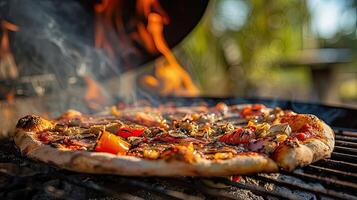 ai generado un pulcro webber parrilla chisporrotea con el aroma de Pizza siendo expertamente cocido en un pintoresco parque configuración, evocando el ambiente de al aire libre culinario deleite y camaradería. foto