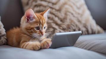 AI generated a small adorable kitten gazing curiously at a tablet with its tiny paws, evoking a heartwarming scene of domestic comfort and modern technology. photo