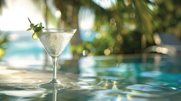 AI generated cocktail on the pool deck, its crystal-clear glass shimmering in the sunlight against a backdrop of tranquil blue waters, evoking a sense of luxury and relaxation. photo