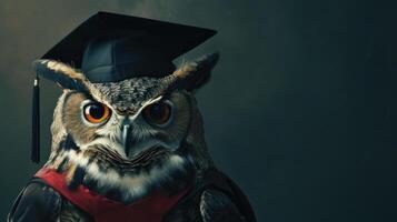 ai generado un majestuoso búho adornado en un graduación vestido y birrete, exudando erudito elegancia y equilibrio como eso participa en un solemne Universidad ceremonia. foto