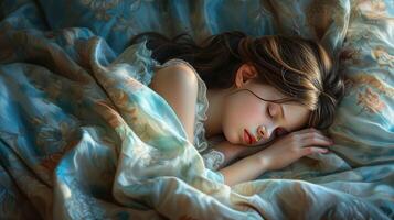 AI generated a little girl as she sleeps soundly in bed, nestled under a plush, soft, textured blanket that envelops her in warmth and comfort, creating a serene and cozy atmosphere. photo