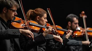 AI Generated a violin accompanied by its bow and sheet music, elegantly poised on a black background, with clean lines and natural shadows enhancing its ultra-detailed craftsmanship. photo