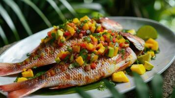 AI generated grilled snapper adorned with a tropical salsa, bursting with the freshness of mango and avocado, elegantly presented on a porcelain platter against a backdrop of lush greenery. photo