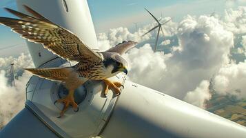 AI generated a majestic falcon soaring gracefully between the towering blades of a wind turbine, showcasing the intricate balance between wildlife and renewable energy. photo