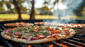 AI generated a sleek Webber grill sizzles with the aroma of pizza being expertly cooked in a picturesque park setting, evoking the ambiance of outdoor culinary delight and camaraderie. photo