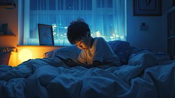 AI generated a Chinese boy engrossed in his mobile phone while lounging in bed, the soft glow of the screen illuminating his face, highlighting the allure of modern technology in everyday life. photo