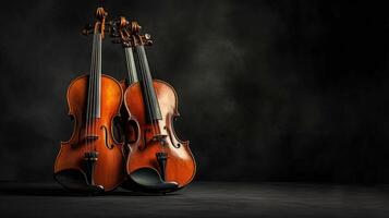 AI generated a violin accompanied by its bow and sheet music, elegantly poised on a black background, with clean lines and natural shadows enhancing its ultra-detailed craftsmanship. photo