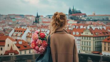 AI generated a 35-year-old lady, radiating happiness as she carries a large bag filled with vibrant peonies, her tall stature and elegant coat adding to the charm of the scene. photo