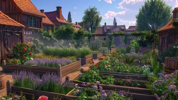 AI generated a garden adorned with raised beds, where lush greenery thrives alongside colorful blooms of a rose garden and the soothing aroma of lavender, creating a picturesque oasis of beauty. photo