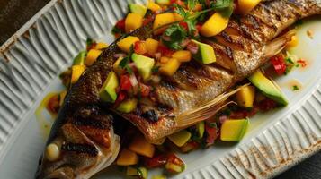 AI generated grilled snapper adorned with a tropical salsa, bursting with the freshness of mango and avocado, elegantly presented on a porcelain platter against a backdrop of lush greenery. photo