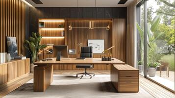 AI generated a sleek wooden home office, where functionality seamlessly intertwines with refined aesthetics, highlighting an expansive desk crafted from polished, natural wood as the centerpiece. photo
