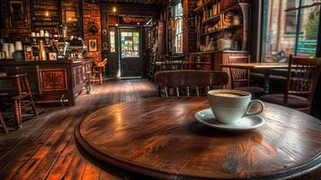 ai generado maravilloso sólido madera café mesa como el focal punto, adornado con un humeante taza de negro café, en contra el fondo de un hermosamente decorado cafetería. foto