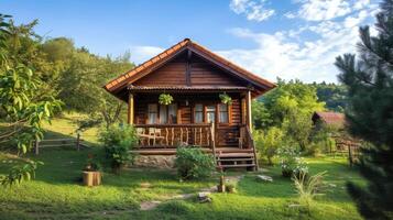 AI generated village life in Serbia with a realistic photograph featuring a quaint wooden cabin nestled amidst the picturesque countryside, evoking a sense of tranquility and serenity. photo