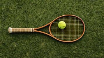 ai generado un de madera tenis raqueta y pelota metido en un césped tenis corte, ejecutado en un minimalista estilo, capturar el esencia de el deporte con sencillez y elegancia. foto