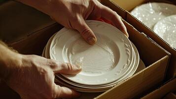 AI generated hands carefully stacking plates into a cardboard moving box, illustrating the meticulous process of packing and securing fragile items for relocation. photo