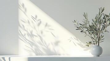 AI generated a blank greeting card mockup featuring olive tree branches delicately arranged on a white table background, perfect for wedding invitations. photo
