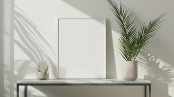 ai generado un blanco póster marco Bosquejo metido en un pulcro estante gabinete, exudando minimalista elegancia y bañado en natural luz, atractivo espectadores a Visualizar su propio personalizado obra de arte foto