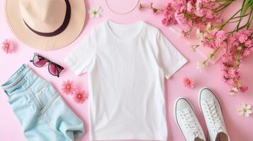 ai generado un blanco camiseta Bosquejo presentando un blanco camisa plantilla, adornado con vibrante primavera accesorios en contra un suave pastel fondo, Perfecto para transporte un Fresco y estacional estilo. foto