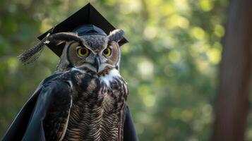 ai generado un majestuoso búho adornado en un graduación vestido y birrete, exudando erudito elegancia y equilibrio como eso participa en un solemne Universidad ceremonia. foto