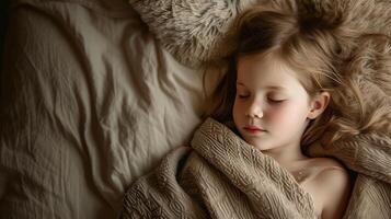 AI generated a little girl as she sleeps soundly in bed, nestled under a plush, soft, textured blanket that envelops her in warmth and comfort, creating a serene and cozy atmosphere. photo