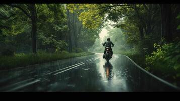 AI generated a motorbike driver navigating through the rain on a densely tree-lined road, the shimmering raindrops and lush foliage creating a captivating ambiance of nature's embrace photo