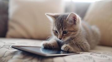 AI generated a small adorable kitten gazing curiously at a tablet with its tiny paws, evoking a heartwarming scene of domestic comfort and modern technology. photo