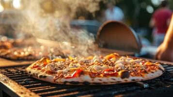 AI generated a sleek Webber grill sizzles with the aroma of pizza being expertly cooked in a picturesque park setting, evoking the ambiance of outdoor culinary delight and camaraderie. photo