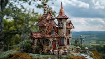 AI generated a small house cleverly designed to resemble a castle, nestled amidst rolling hills and surrounded by whimsical gardens, invoking a sense of fairy-tale charm. photo